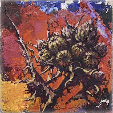 Katrin Brause aka Heichel: BB?, 2019, Öl auf Leinwand, 15 x 15 cm

